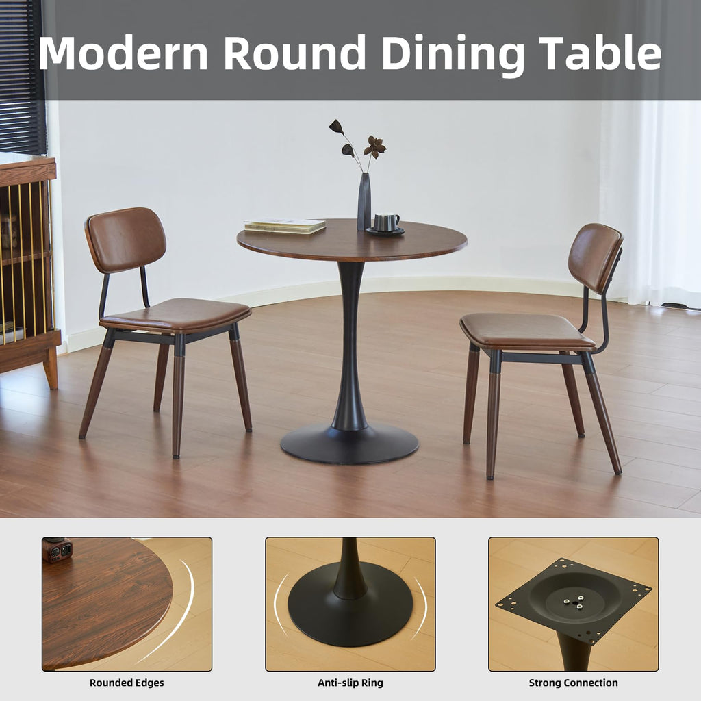 Round Dining Table, 24" Circle Tulip Table with Thickened Tabletop & Metal Pedestal, Mid Century Modern Bistro Table for Kitchen, Small Places, Living Room, Cafe (Brown)