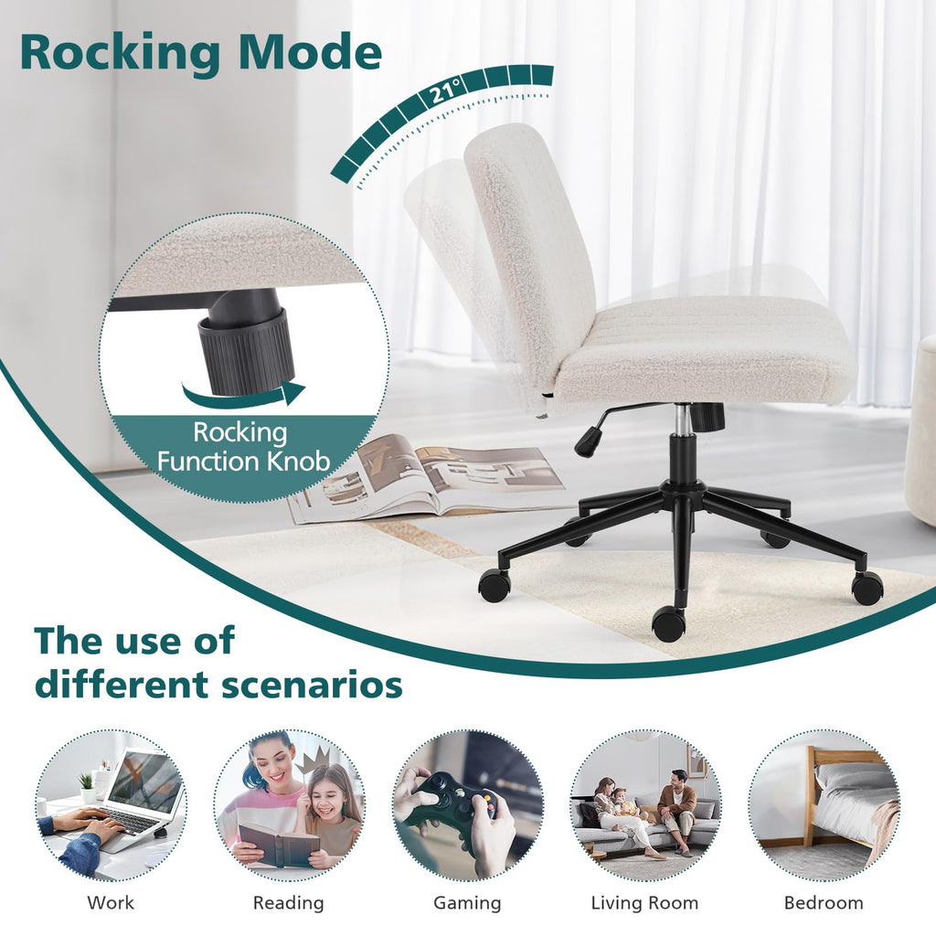 Criss Cross Chair with Wheels Wide Cross Legged Office Desk Vanity Chair Comfy Fabric Armless Adjustable Swivel for Home Computer Task Teddy Beige