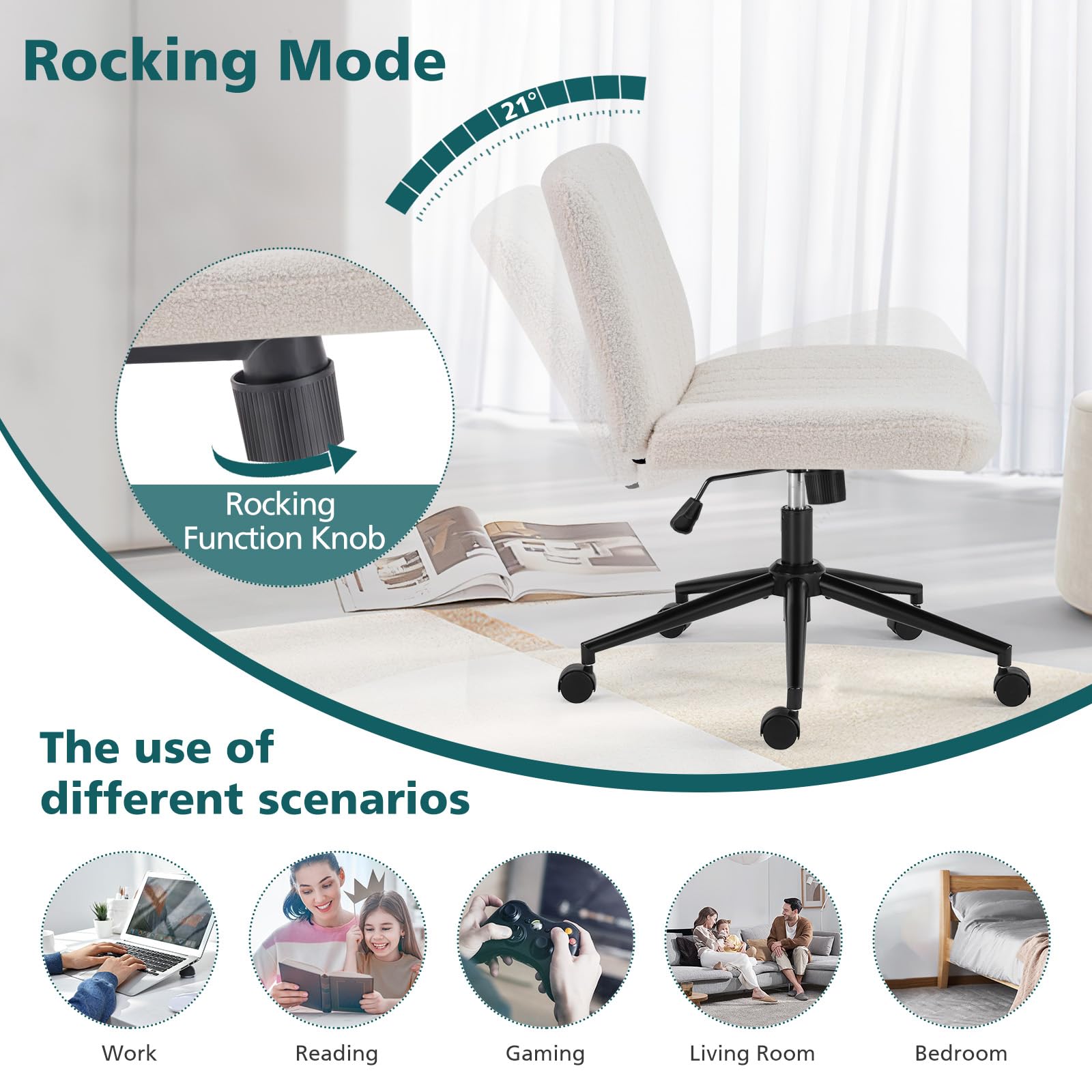 Criss Cross Chair with Wheels Wide Cross Legged Office Desk Vanity Chair Comfy Fabric Armless Adjustable Swivel for Home Computer Task Teddy Beige