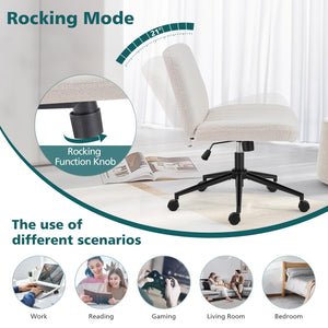 Criss Cross Chair with Wheels Wide Cross Legged Office Desk Vanity Chair Comfy Fabric Armless Adjustable Swivel for Home Computer Task Teddy Beige