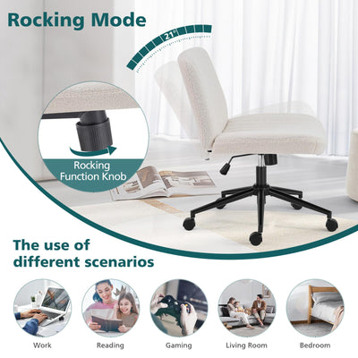 Criss Cross Chair with Wheels Wide Cross Legged Office Desk Vanity Chair Comfy Fabric Armless Adjustable Swivel for Home Computer Task Teddy Beige