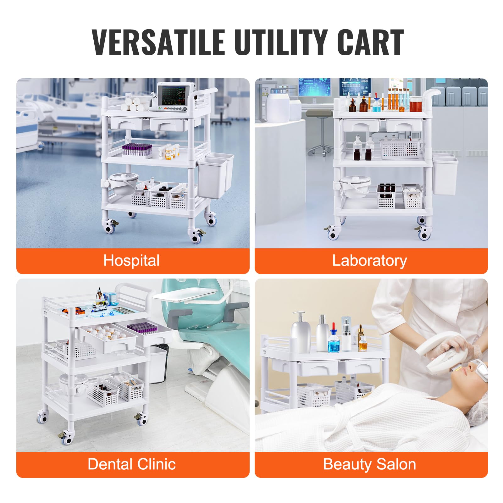 Medical Mobile Trolley Cart with 2 Drawers & 3 Trash Cans, 3 Tiers Beauty Salon Rolling Trolley with 4 Silent Wheels & 2 Dirts Bucket & Bowl, Medical Utility Cart for Hospital Dental Clinic Lab