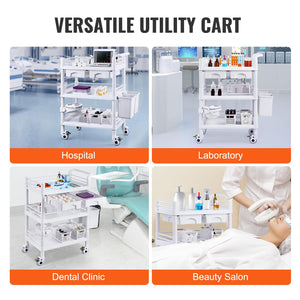 Medical Mobile Trolley Cart with 2 Drawers & 3 Trash Cans, 3 Tiers Beauty Salon Rolling Trolley with 4 Silent Wheels & 2 Dirts Bucket & Bowl, Medical Utility Cart for Hospital Dental Clinic Lab
