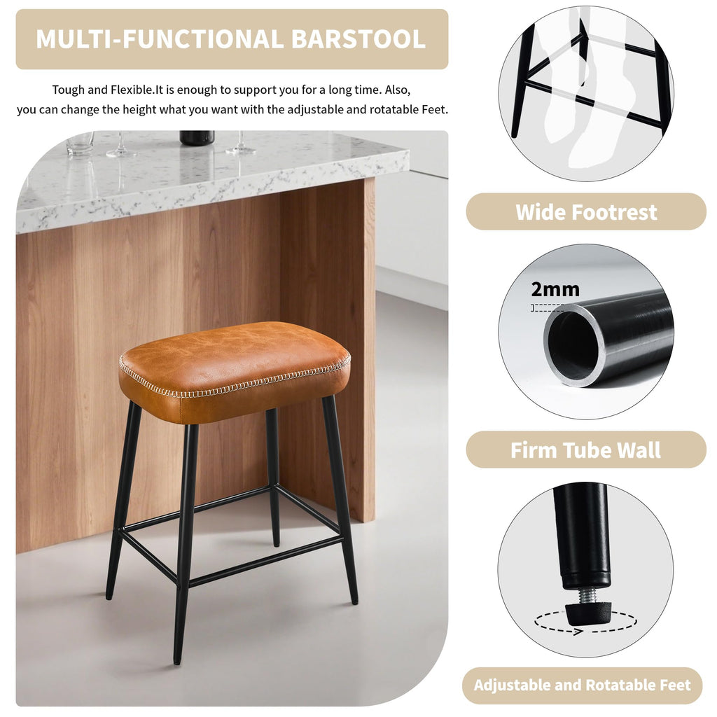24 Inch Bar Stools Set of 2, Counter Height Bar Stool for Kitchen Island, Metal Bar Stools for Counter, Modern Kitchen Stools with Sturdy Metal Base and Adjustable Foot Pins, Brown