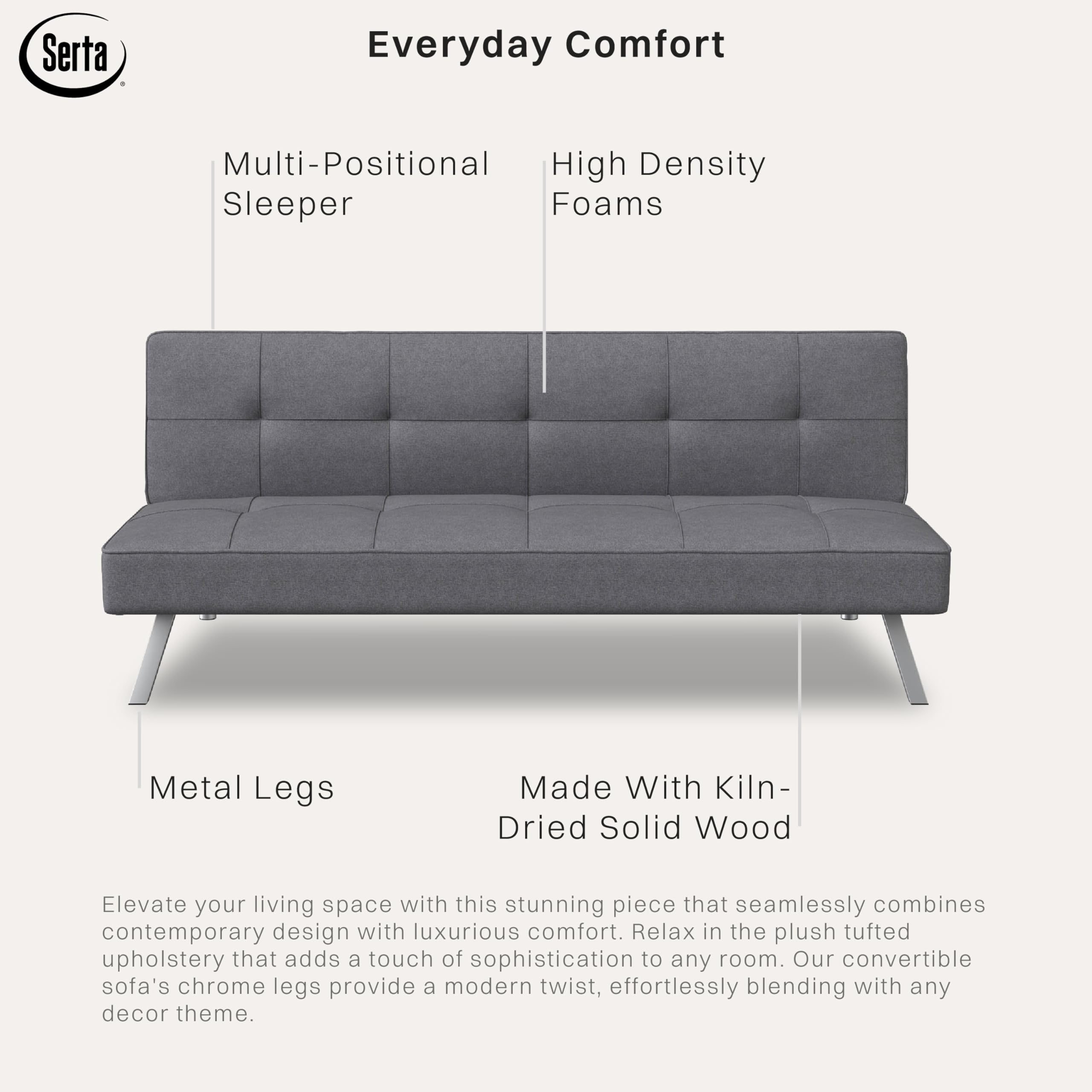 Rane Futon Sofa Bed 66.1", 3-in-1 Convertible Couch Sleeper for Small Spaces, Tufted Back, Twin Size Guest Bed, Chracoal Woven Fabric