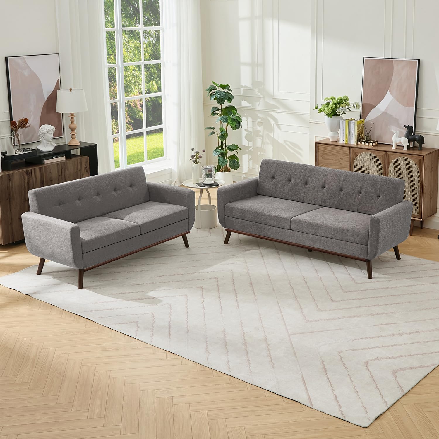 Living Room Furniture Sets, Loveseat & Standard, Mid Century Modern Decor Sofa Couches, Button Tufted Upholstered Furniture, Gray