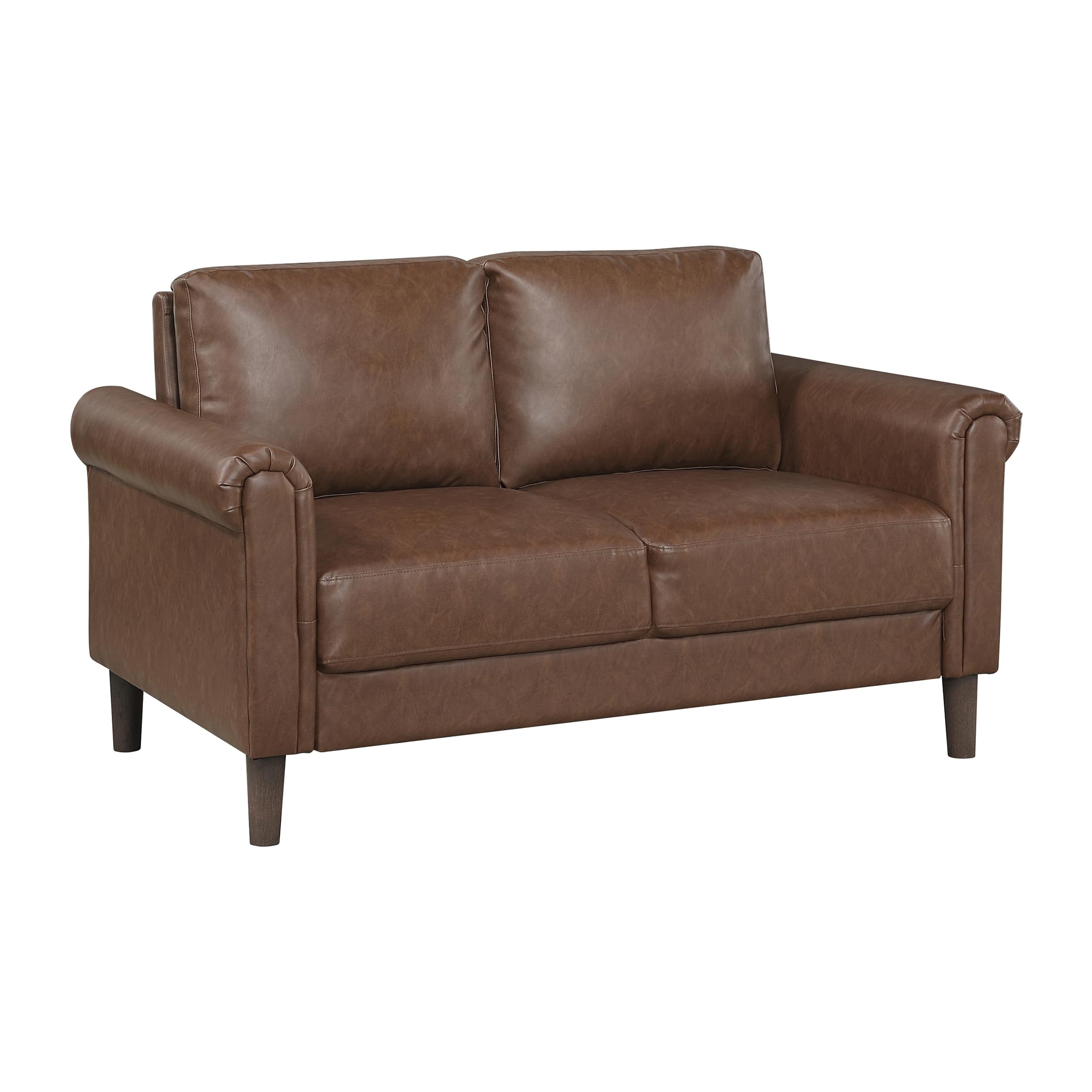 57" W Faux Leather Loveseat Sofa, Upholstered 2-Seater Couch with Rolled Armrest & Wood-Look Feet, Traditional Small Space Living Room, Office or Waiting Room Seating - Chocolate