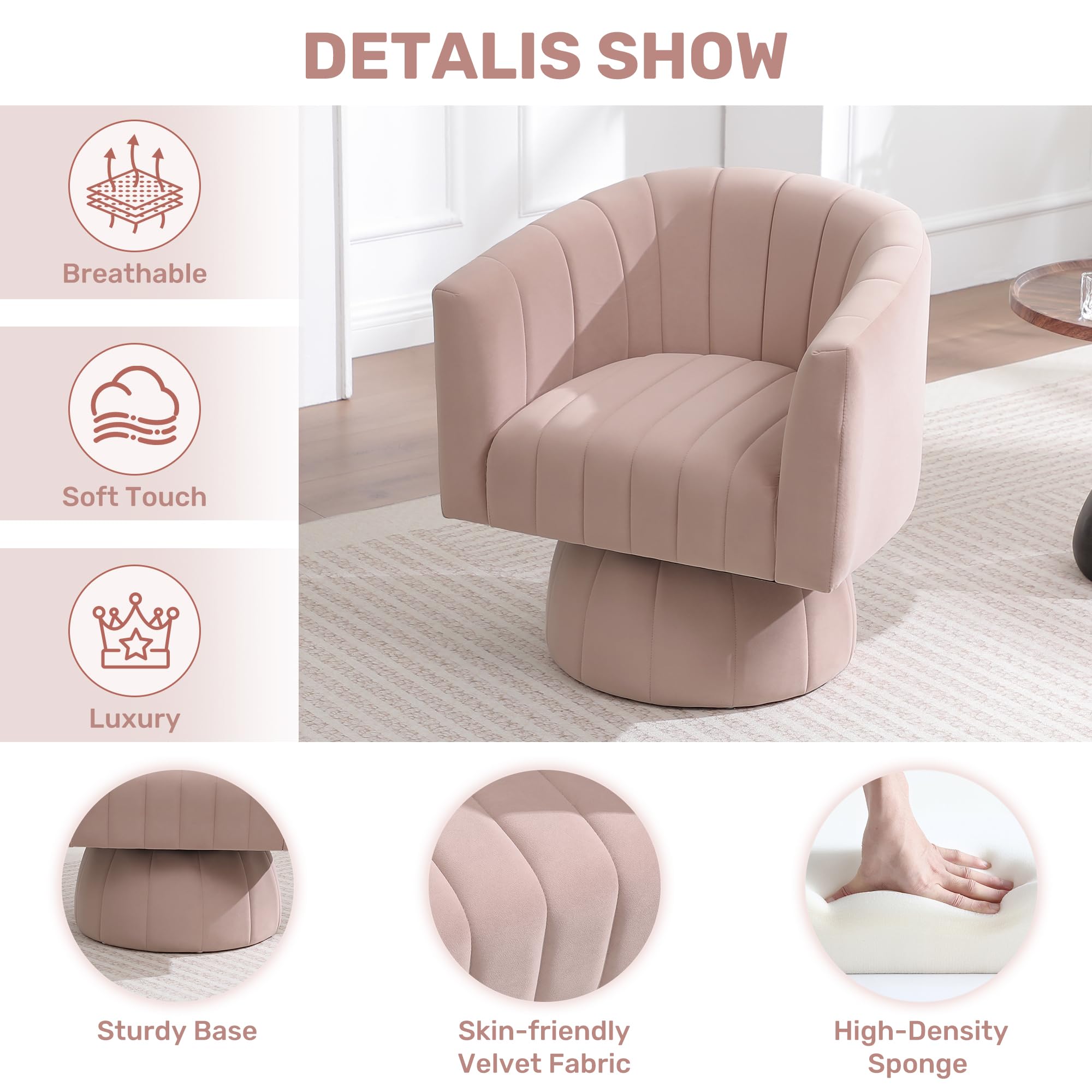 Swivel Accent Barrel Chair Set of 2, Cute Comfy Small Round 360° Arm Chair, Velvet Sofa Club Reading Chair for Living Room Bedroom Office Pink