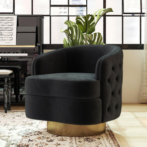Black Modern Accent Chair, Swivel Barrel Armchair for Living Room, Button Tufted Velvet Comfy Chairs, Round Upholstered Single Sofa Seating with Gold Base