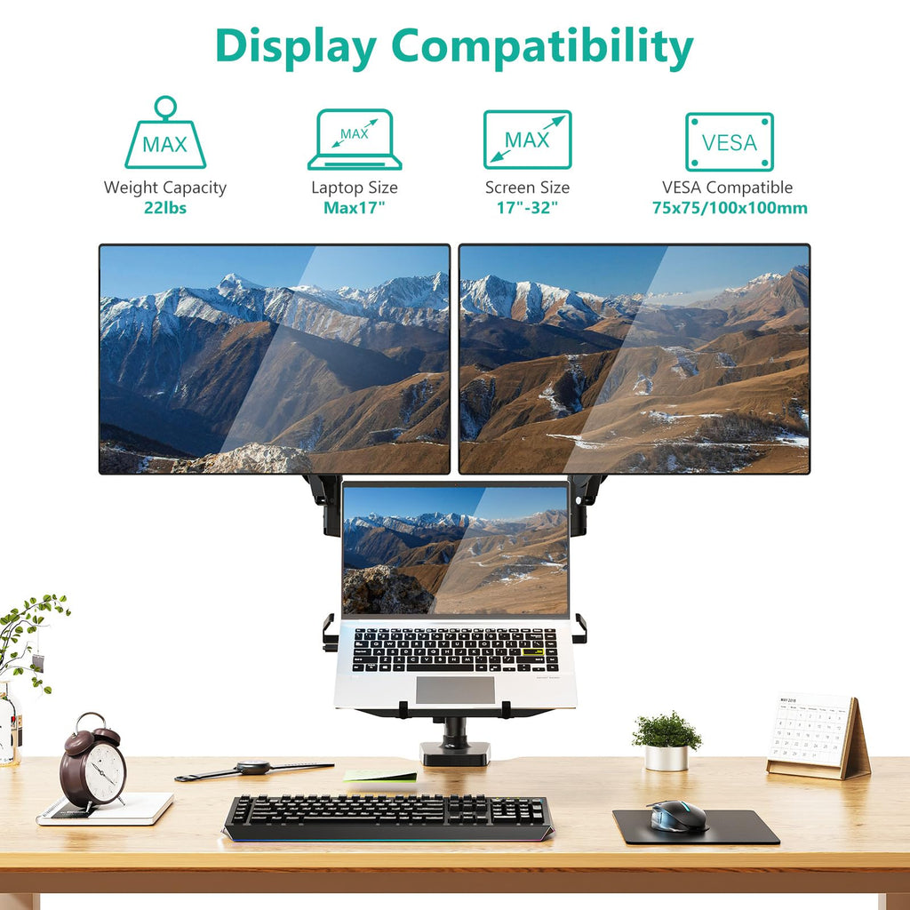 Triple Arm Laptop and Dual Monitor Desk Mount for 17" Notebook and Up to 32" Screens, Adjustable Monitor Arms with Tilt Swivel Rotation, VESA 75x75 100x100, Black (GSDM003LP)