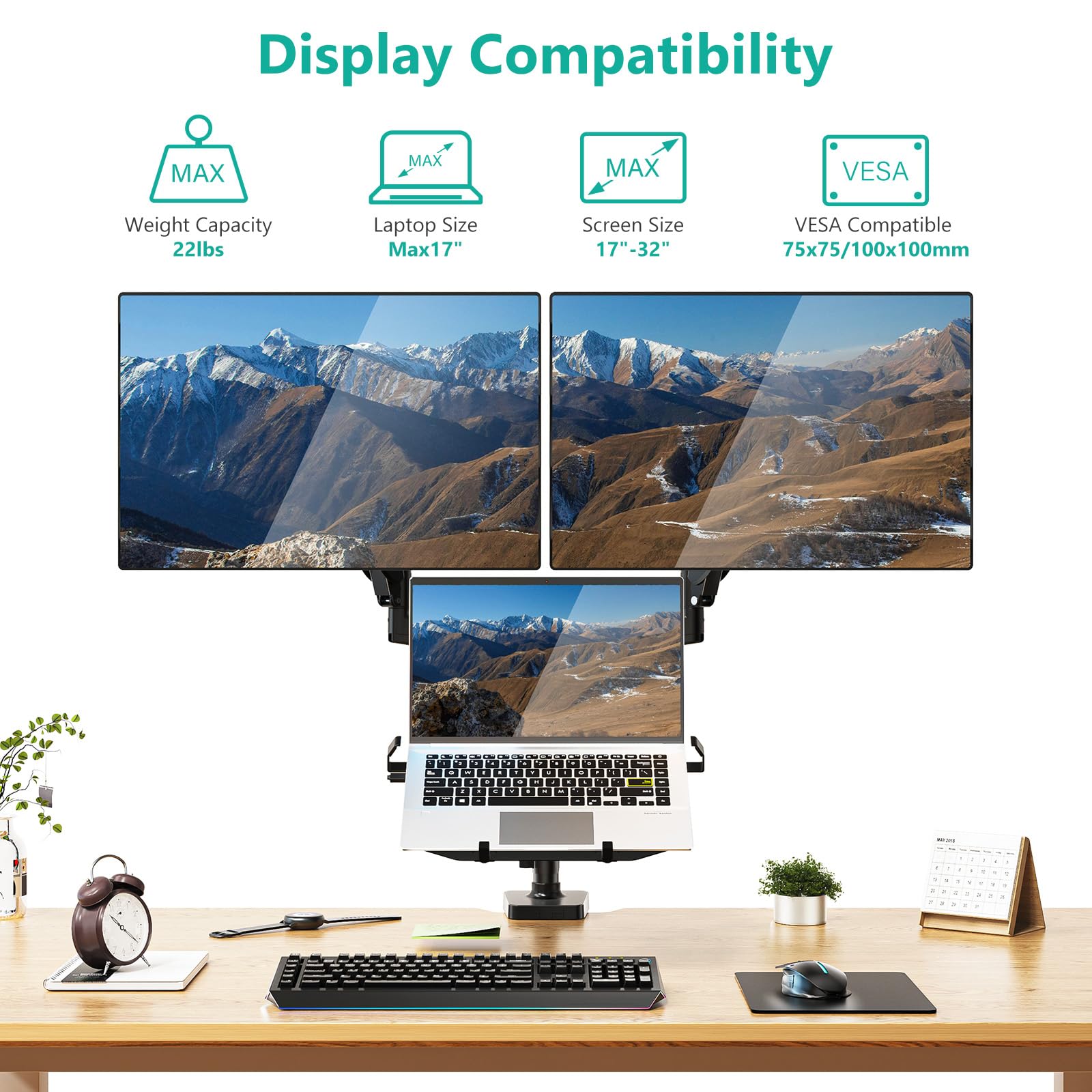 Triple Arm Laptop and Dual Monitor Desk Mount for 17" Notebook and Up to 32" Screens, Adjustable Monitor Arms with Tilt Swivel Rotation, VESA 75x75 100x100, Black (GSDM003LP)