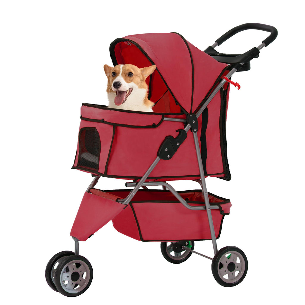 Pet Stroller 3-Wheel Durable Foldable Cat Dog Stroller with Washable Liner Storage Basket Cup Holder,Red