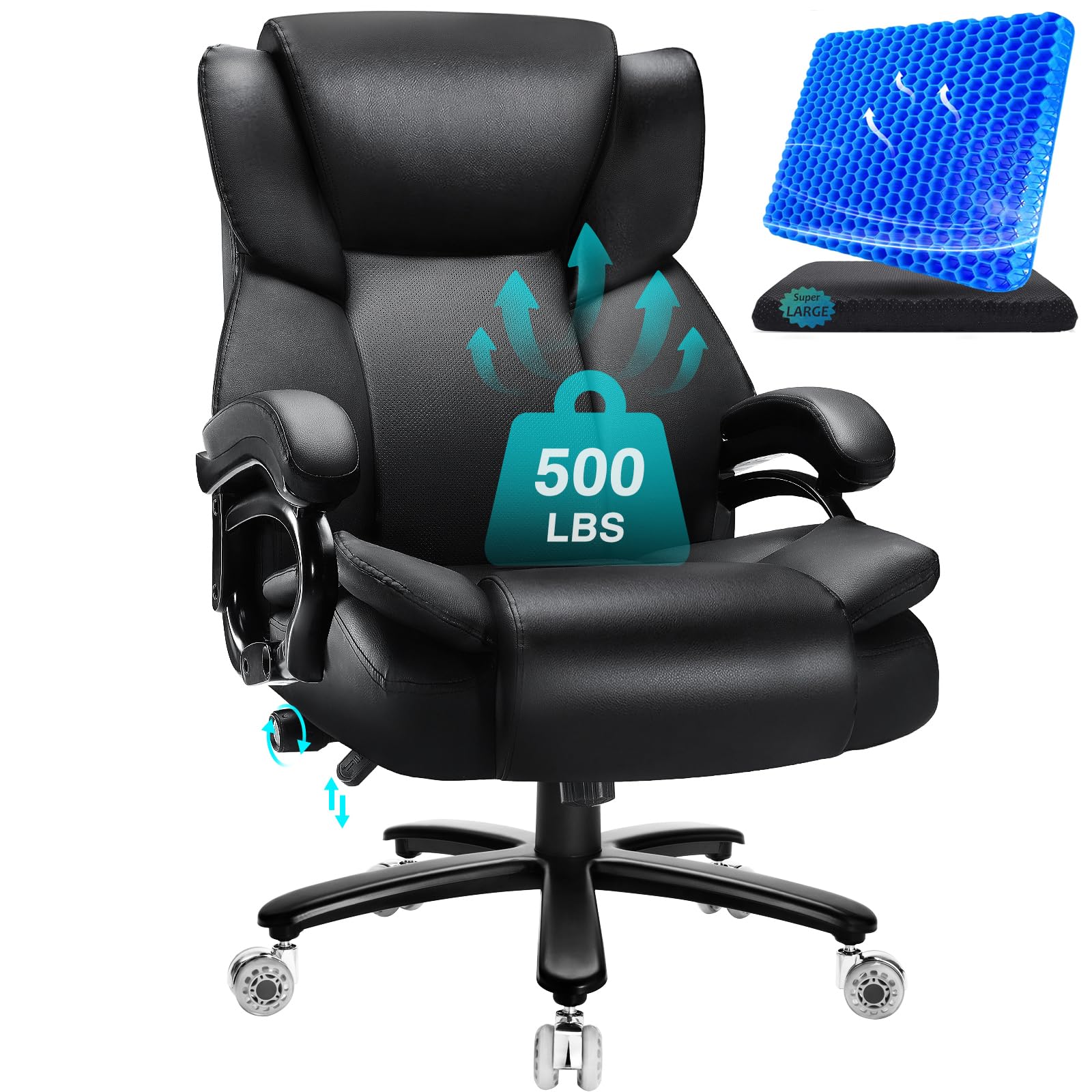 500lbs Big and Tall Office Chair with Gel Seat Cushion,Heavy Duty Office Chair for Heavy People, High Back Executive Computer Chair with Adjustable Lumbar Support, Dual Rubber Wheel