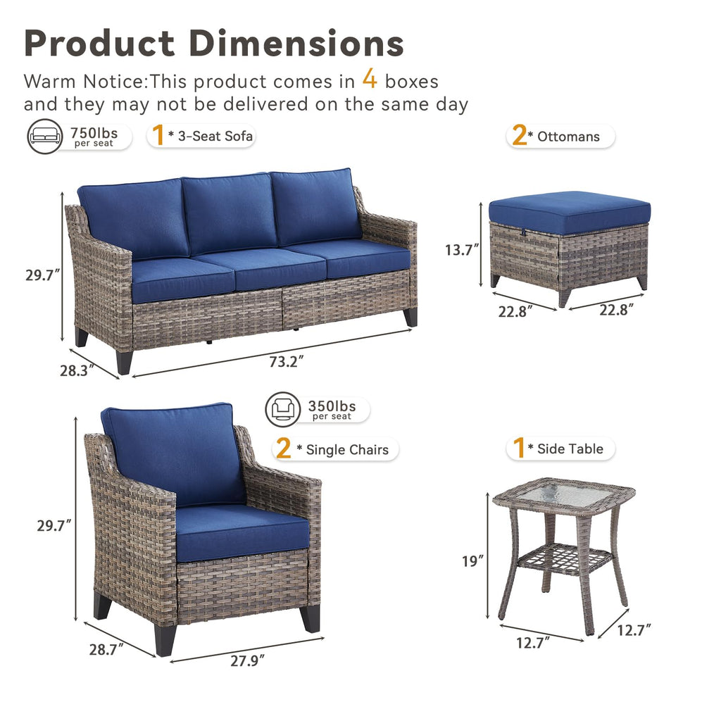 Buenhomino Outdoor Patio Furniture Set-PE Wicker Sofa Couch with Ottomans Comfy Cushions, All Weather High Back Patio Conversation Set for Porch Deck Balcony Garden Grey/Blue