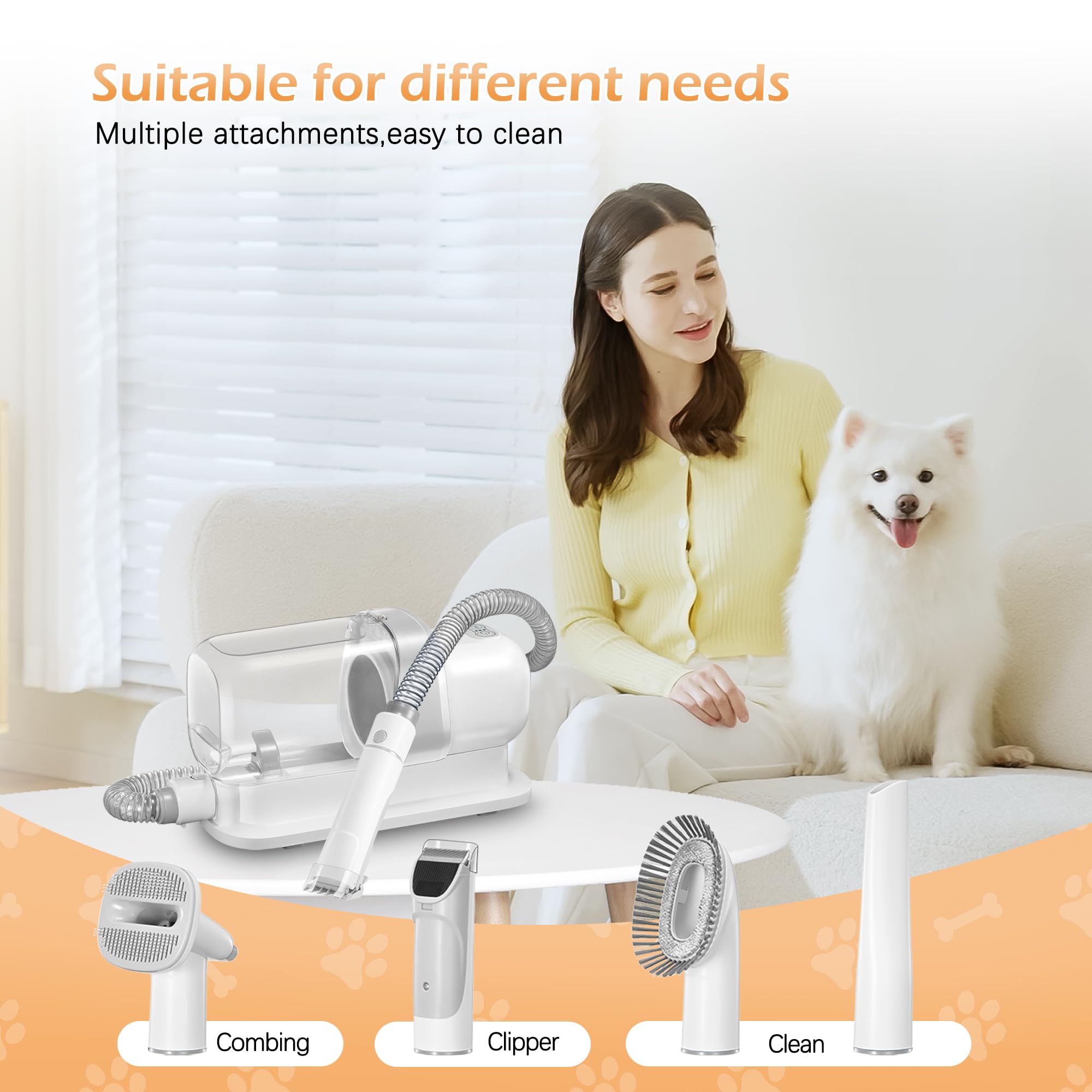 Grooming Kit with 2.3L Vacuum Suction 99% Pet Hair, Pet Grooming Vacuum Low Noise with 5 Tools and 4 Different Lengths Clipper Guards for Dog Cat (White)