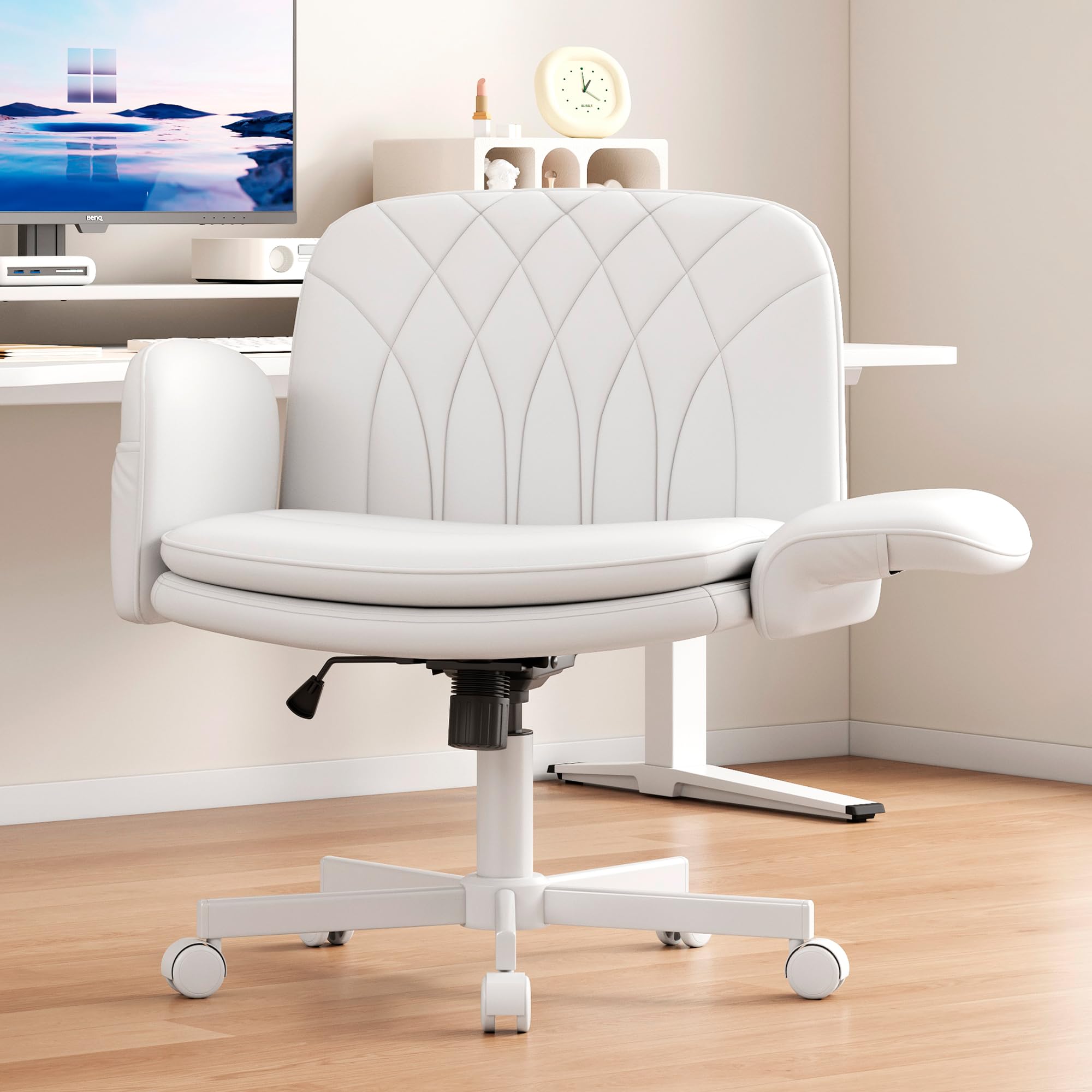 Criss Cross Chair with Armrests & Wheels for Cross-Legged Sitting, Comfortable PU Leather Vanity Chair, Office Desk Chairs with Adjustable Rocking Function, for Home, Bedroom White