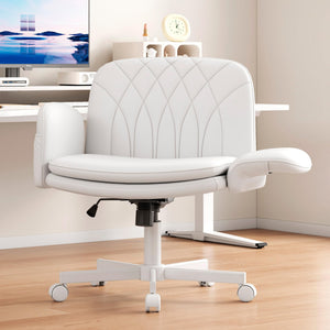 Criss Cross Chair with Armrests & Wheels for Cross-Legged Sitting, Comfortable PU Leather Vanity Chair, Office Desk Chairs with Adjustable Rocking Function, for Home, Bedroom White