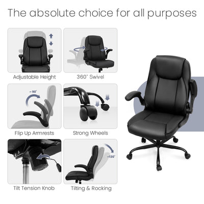 Ergonomic Office Chair Executive Computer Desk Chair Gaming High Back Support Comfy Seat Flip-up Arms Adjustable Height Swivel Rolling Wheels PU Leather for Home (Dark Black)