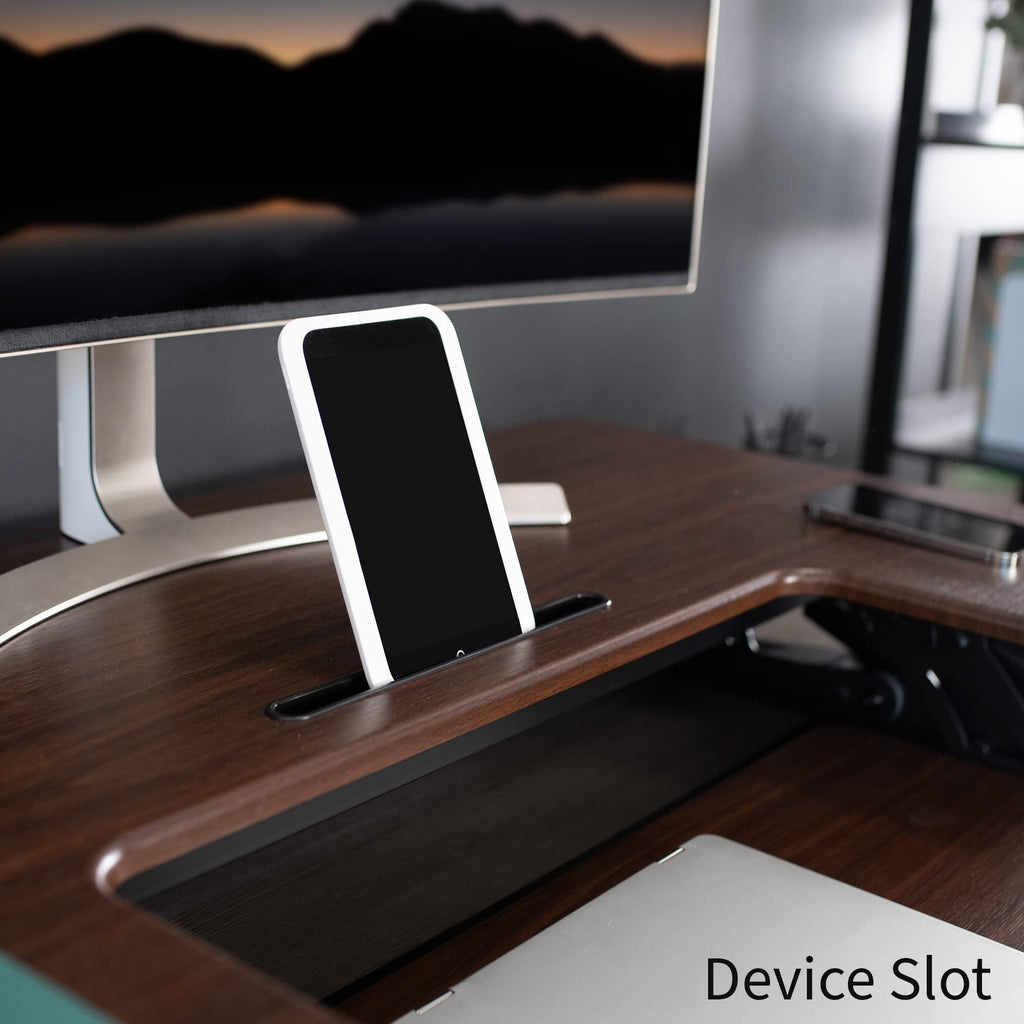 36 inch Height Adjustable Stand Up Desk Converter, V Series, Quick Sit to Stand Tabletop Dual Monitor Riser Workstation, Dark Walnut Top, Black Frame, DESK-V000VD