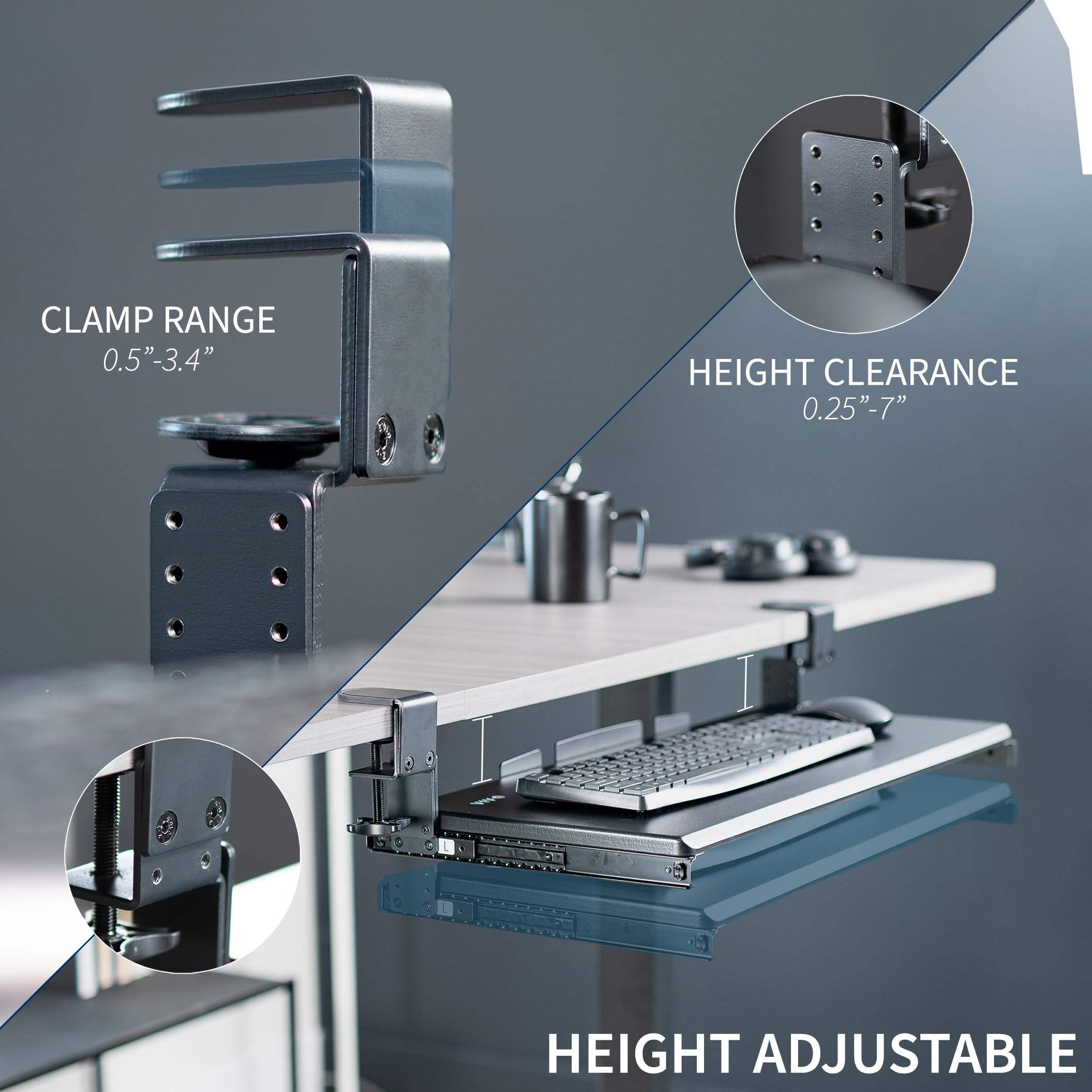 Large Height Adjustable Under Desk Keyboard Tray, C-clamp Mount System, 27(33 Including Clamps) x 11 inch Slide-Out Platform for Typing, Black, MOUNT-KB05HB