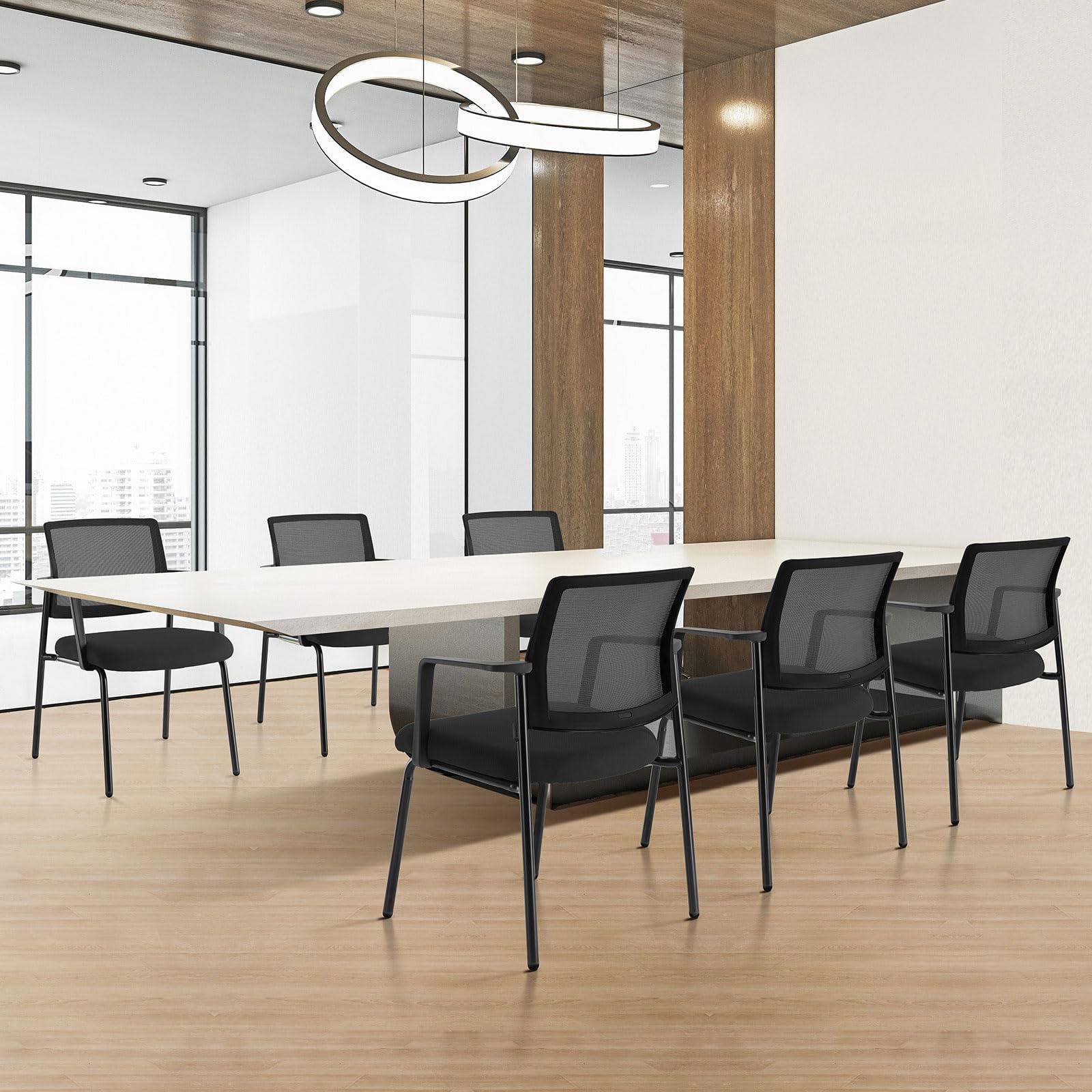 Black-4pack, Mesh Back Stacking Arm Chairs, Office Reception Guest Chair with Upholstered Fabric Seat and Ergonomic Lumber Support, Sturdy Metal Office Chairs
