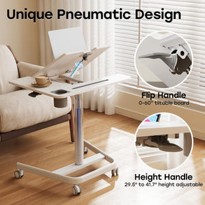 Mobile Standing Desk, Height Adjustable Table, 60° Tiltable Rolling Laptop Desk, Portable Sit Stand Desk with Wheels Cup Holder for Bed Couch School, Holds Up to 22lbs, White