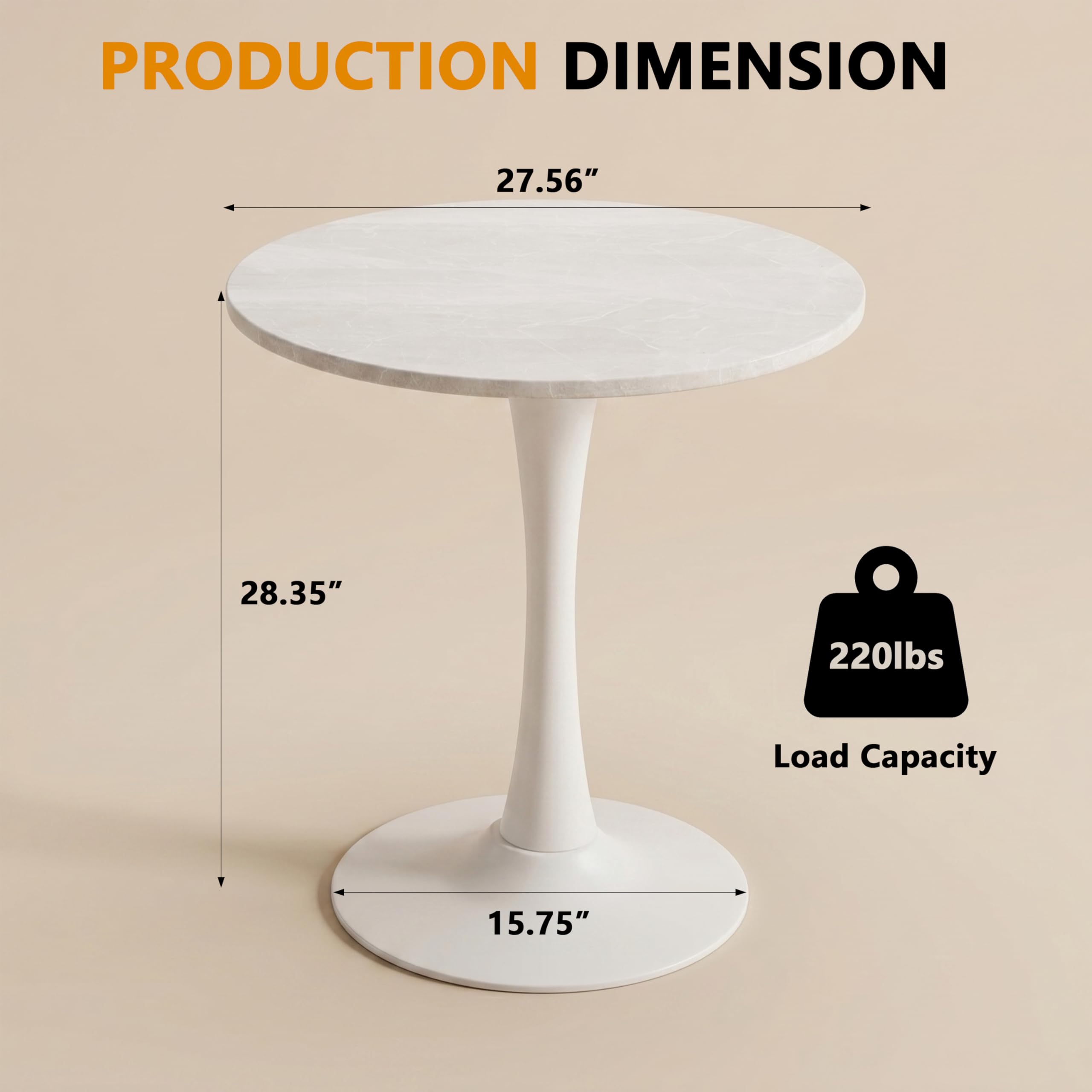 27.6" Marble Round Tulip Table, Mid-Century Modern Style Dining Table with White Pedestal Base for 2-4 People, Featuring A Marble Tabletop for Kitchen, Dining Room, Cafe (Grayish White)