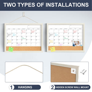 Calendar Whiteboard for Wall, 17x13 Inches Whiteboard Calendar Cork Board Combo, Small Magnetic White Board with Wood Framed, Hanging Dry Erase Board for Kitchen Home Office School Planner
