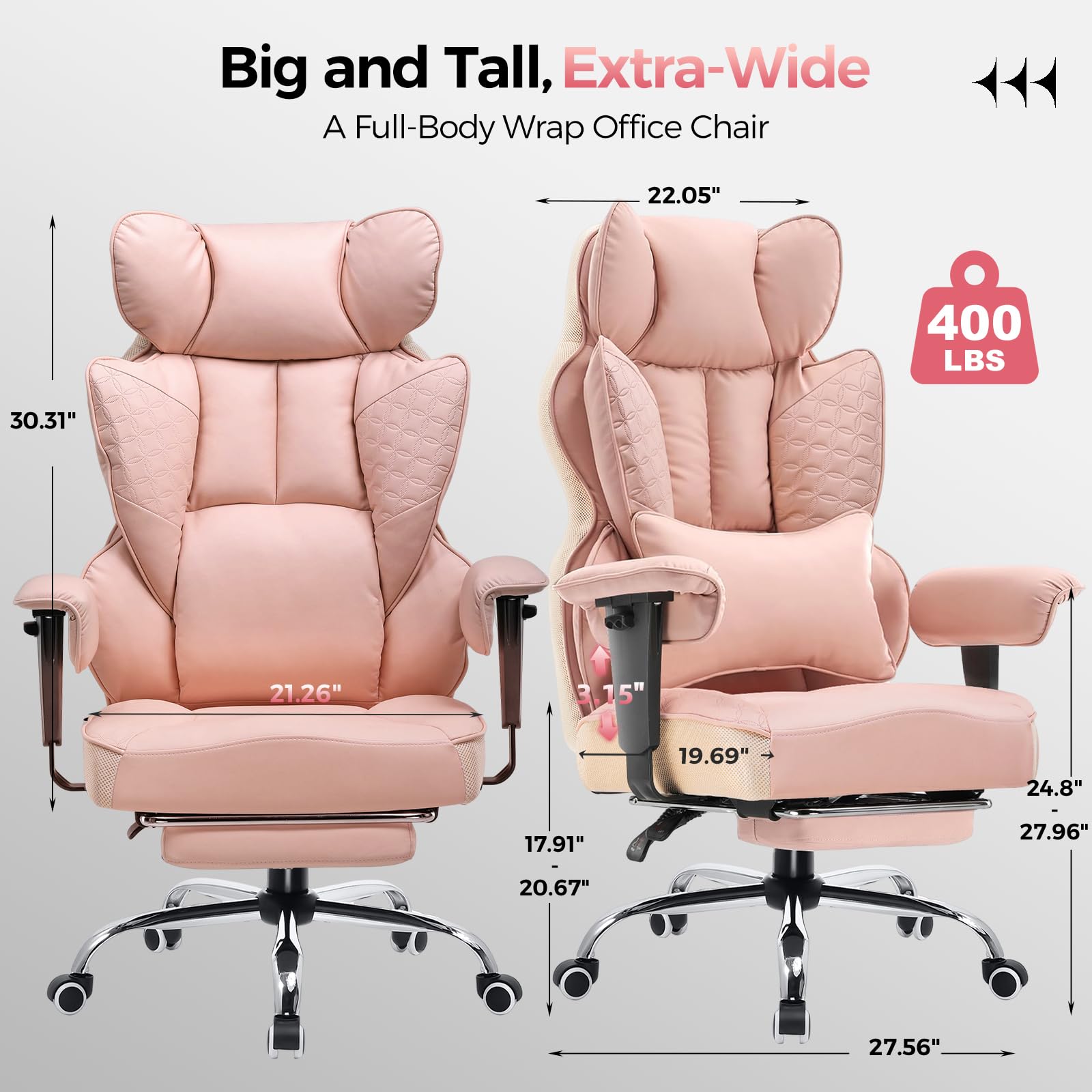 Big and Tall Gaming Chair 400lbs Heavy Duty Office Chair with Foot Rest & Ergonomic Pocket Spring Lumbar Support, High Back 3D Saddle Shaped Cushion for Back Pain Relief, Pink