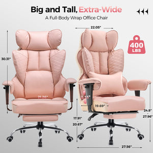 Big and Tall Gaming Chair 400lbs Heavy Duty Office Chair with Foot Rest & Ergonomic Pocket Spring Lumbar Support, High Back 3D Saddle Shaped Cushion for Back Pain Relief, Pink