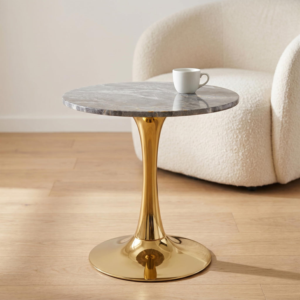 27.6" Marble Round Tulip Table, Mid-Century Modern Style Dining Table with Gold Pedestal Base for 2-4 People, Featuring A Marble Tabletop for Kitchen, Dining Room, Cafe (Dark Grey)