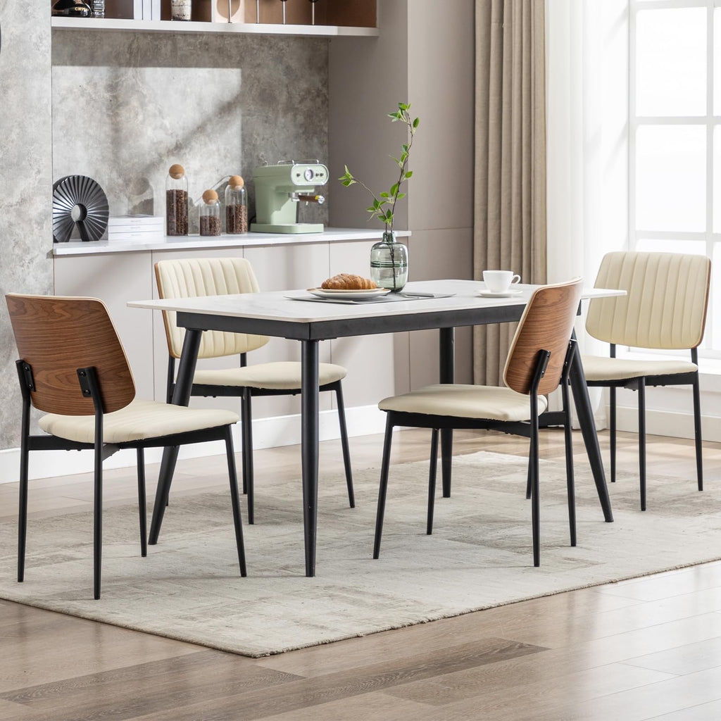 Leather Dining Chairs Set of 4, Mid Century Modern Dining Chairs with Bentwood Backrest and Upholster Seat,Armless Kitchen Chairs with Metal Legs Adjustable Foot for Dining Room(Beige)