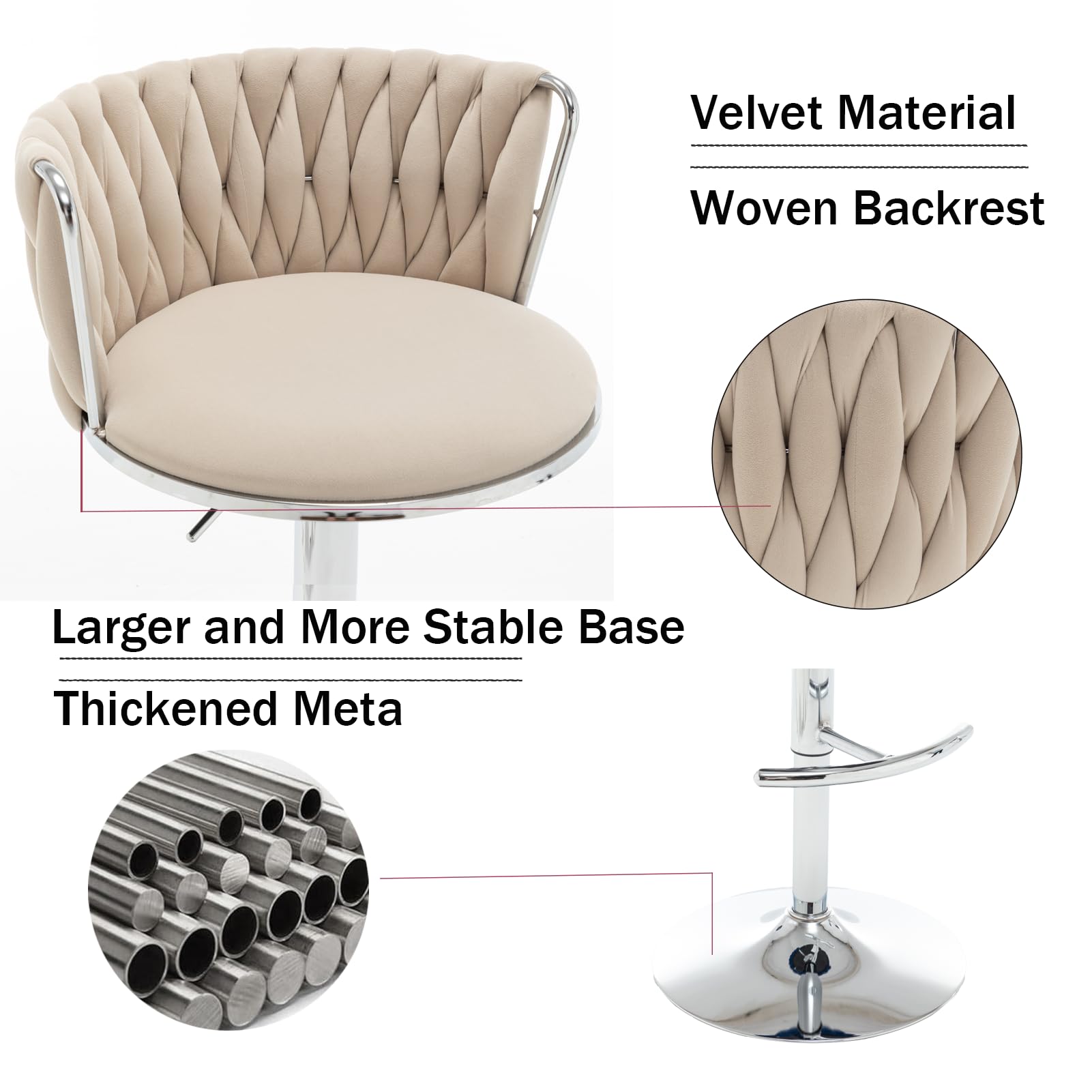 Velvet Bar Stools Set of 3, Swivel Counter Height Bar Stools with Back, Adjustable Woven Barstools for Kitchen Island, Pub, Club (Beige)