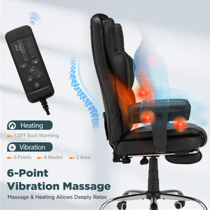Ergonomic Executive Office Chair with 6-Point Vibration & Heat - Reclining Managerial Chair with Adjustable Footrest and Armrests,Big and Tall Leather Home Office Desk Chairs(Black)