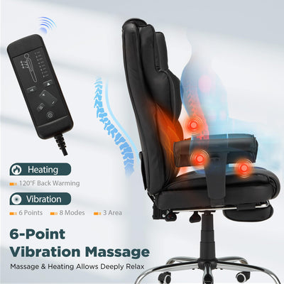 Ergonomic Executive Office Chair with 6-Point Vibration & Heat - Reclining Managerial Chair with Adjustable Footrest and Armrests,Big and Tall Leather Home Office Desk Chairs(Black)