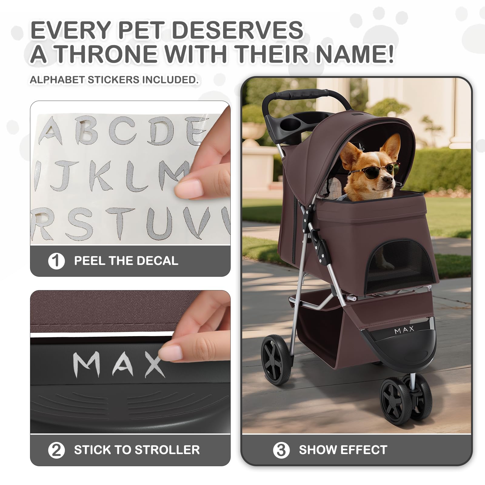 Foldable Dog Strollers for Small Dogs with Weather Cover, 3 Wheels Pet Strolling Cart for Dogs and Cats with Storage Basket and Cup Holder, Breathable and Visible Mesh for All-Season, Coffee