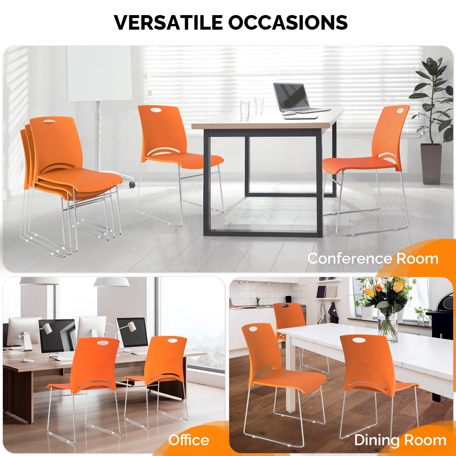 Stacking Chairs Set of 8 Stackable Office Chairs with Metal Sled Base, Ergonomic Plastic Seat, Stacking Chairs for Waiting Room Break Room Banquet Guest, Orange