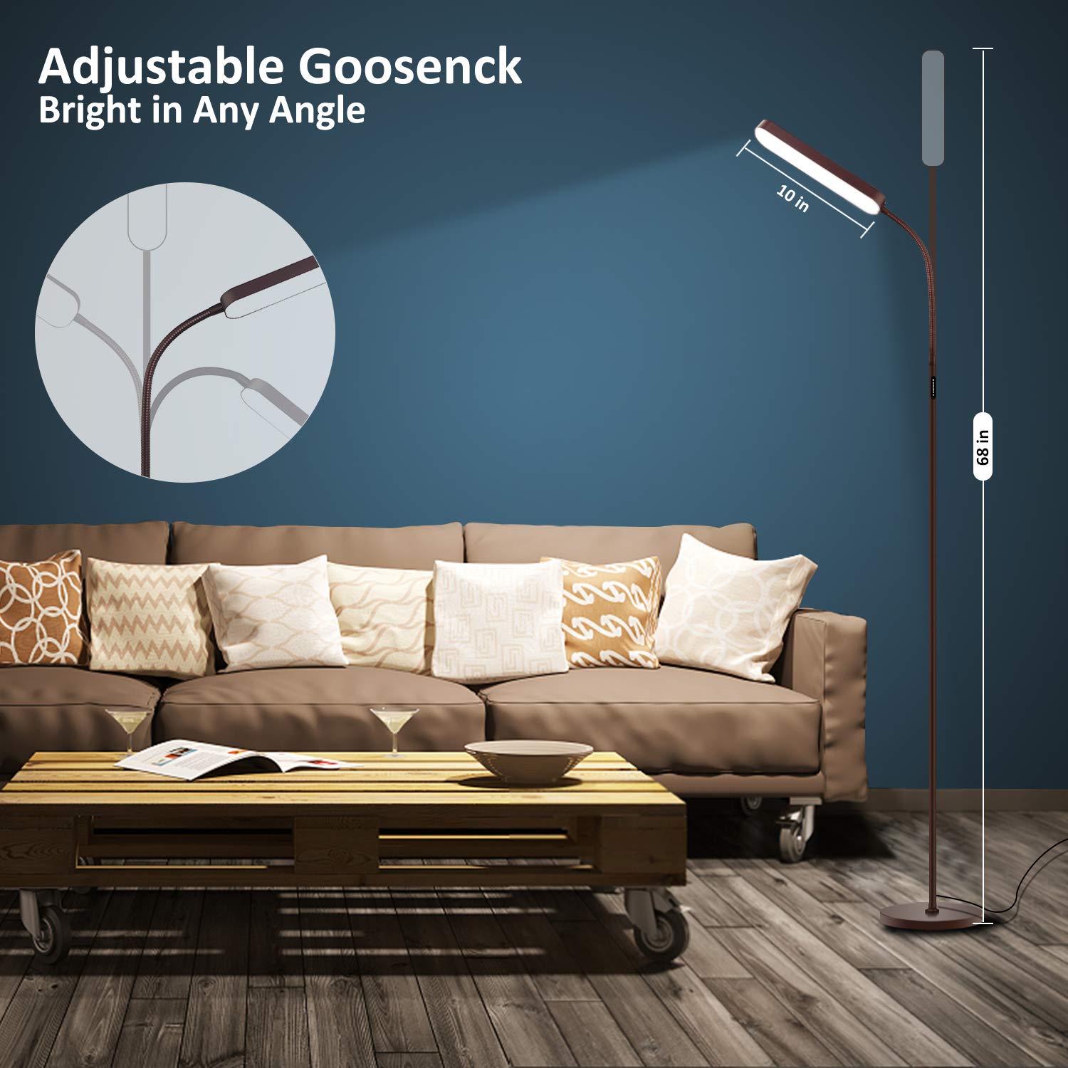 Led Floor Lamps with 15w/1000lm Bright LED Floor Lamp with Stepless Adjustable 3000K-6000K Colors and Dimmer, Remote and Touch Control Reading Lamp, Adjustable Floor Lamp for Living Room