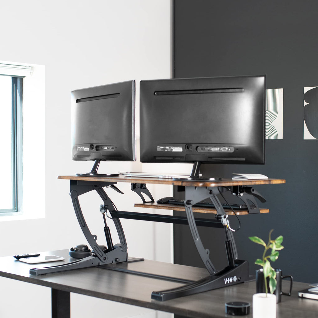 36 inch Height Adjustable Stand Up Desk Converter, V Series, Quick Sit to Stand Tabletop Dual Monitor Riser Workstation, Rustic Vintage Brown Top, Black Frame, DESK-V000VN