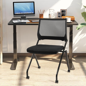 Stackable & Foldable Chairs with Wheels, Reception Guest Chairs with Lumbar Support, Ergonomic Mesh Back Folding Chair for Office Meeting Schools Training Conference Waiting Room, Black