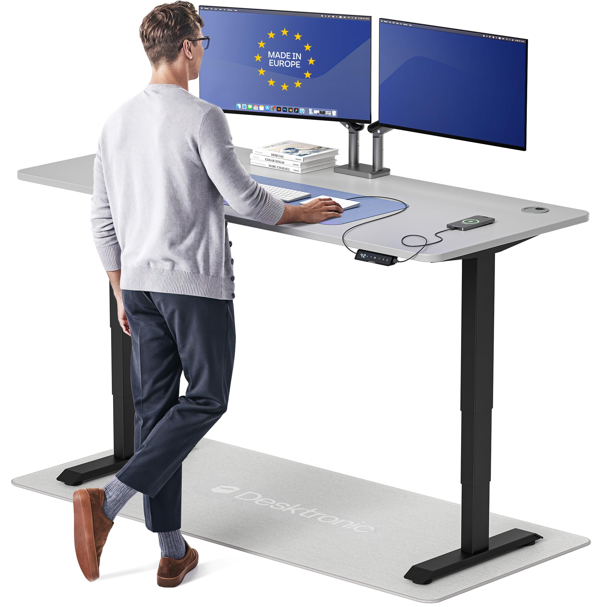 HomePro Standing Desk 70x30 — Made in Europe, Ergonomic Sit Stand Home Office Desk, Electric Height Adjustable, Dual Motor, USB & USB-C Charging, Wobble-Free, Touchscreen, 3 Memory Presets