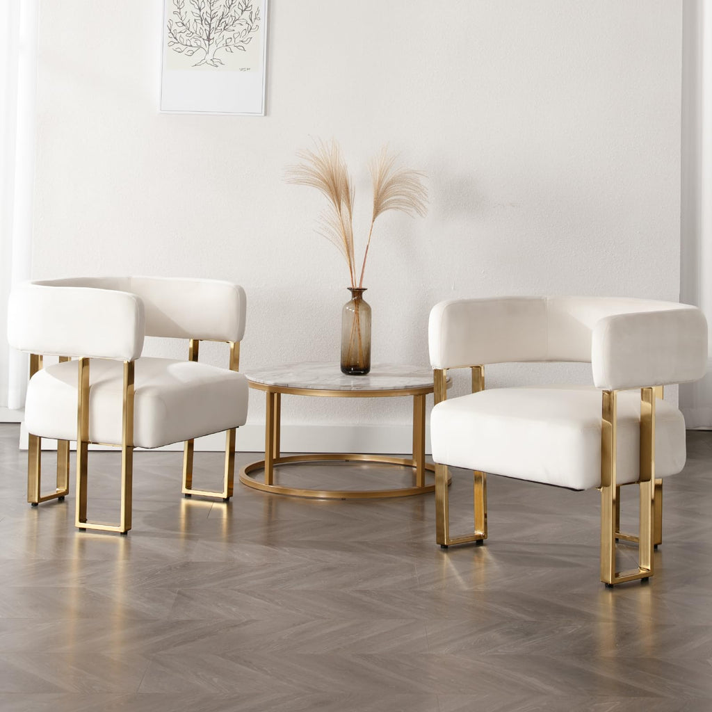 Modern Barrel Accent Chair, Velvet Fabric Living Room Chair with Gold Metal Legs, Comfy Upholstered Single Sofa Armchair Side Chair for Lounge/Bedroom/Reading, Beige