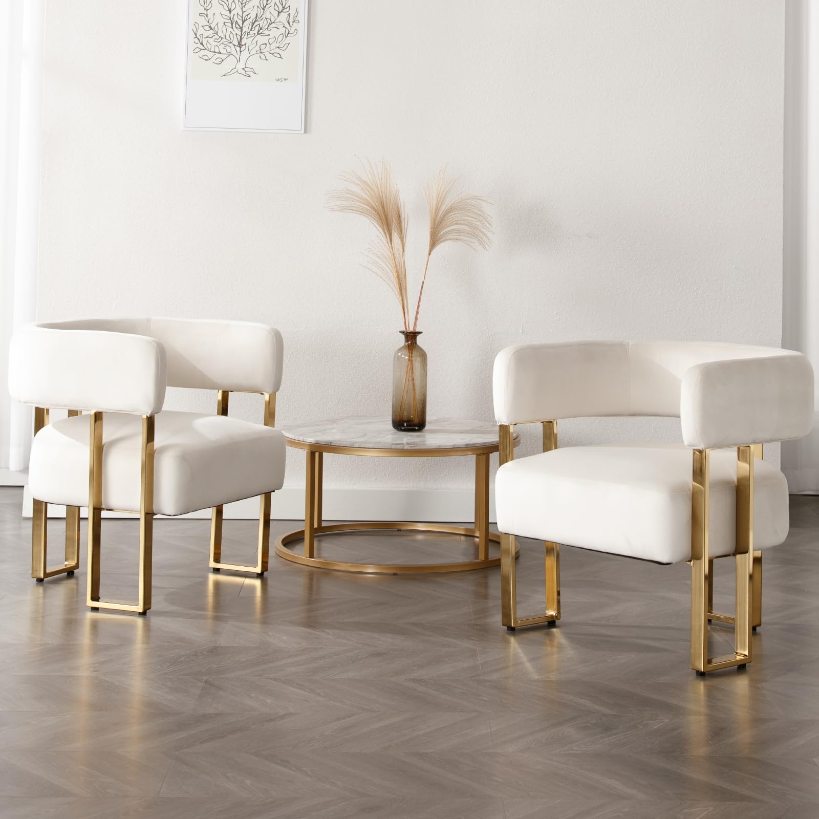Modern Barrel Accent Chair, Velvet Fabric Living Room Chair with Gold Metal Legs, Comfy Upholstered Single Sofa Armchair Side Chair for Lounge/Bedroom/Reading, Beige