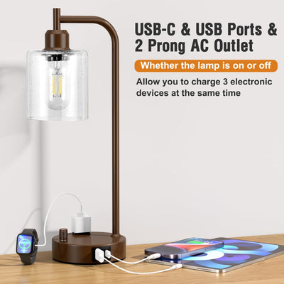 Industrial Table Lamps for Bedrooms Set of 2 - Fully Dimmable Bedside Lamps with USB Ports and Outlet, Brown Nightstand Lamps with Glass Shade for Living Room, Desk Lamps for Office Reading