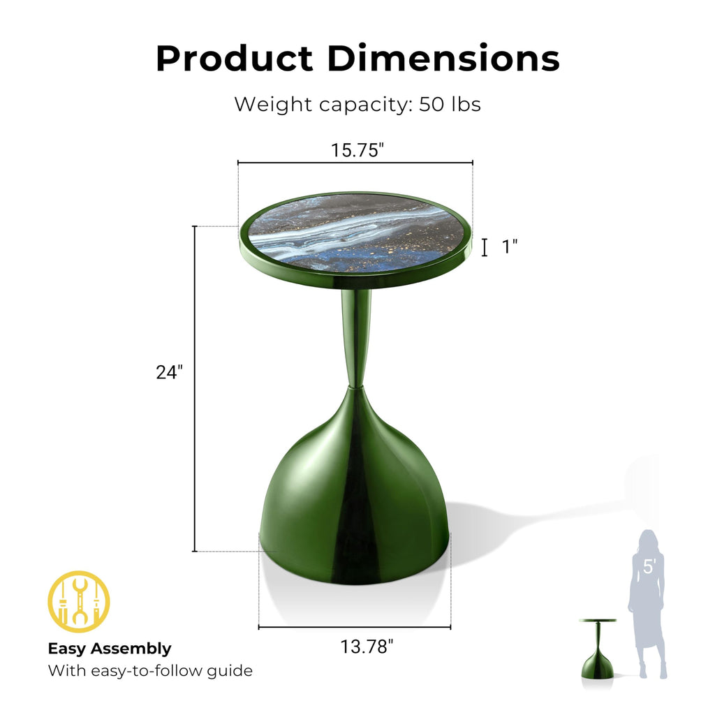 Modern 24" Tall Round End Table with Decorated Tabletop and Iron Metal Base, Accent Furniture, Elegant Pedestal Stand for Living Room, Home Office, Chrome Green