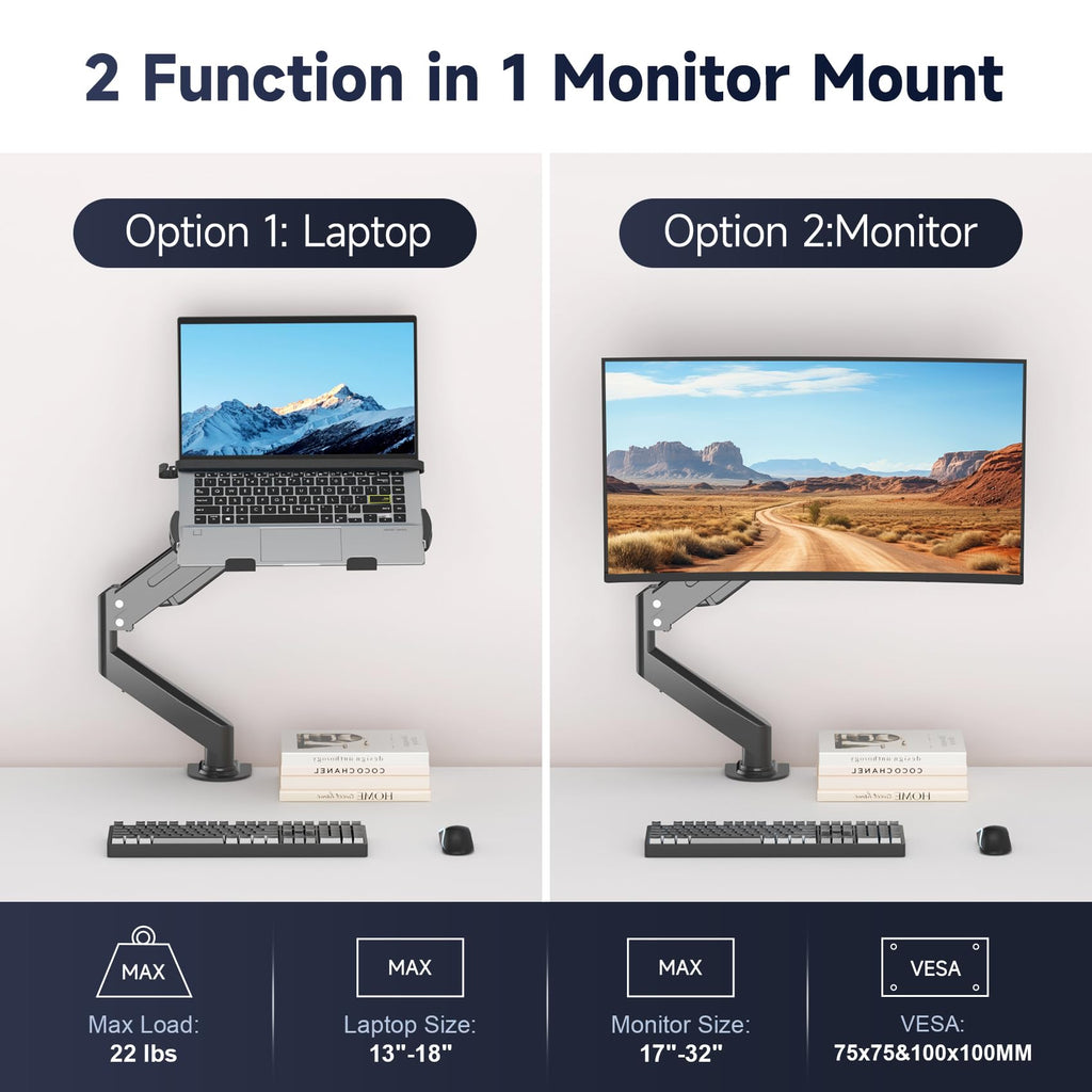 Laptop Desk Mount, Fully Adjustable Monitor and Laptop Mount Stand for 11-17 Inch Notebook and 17-32 inch Monitor Screen,Holds 22lbs with Vented Tray