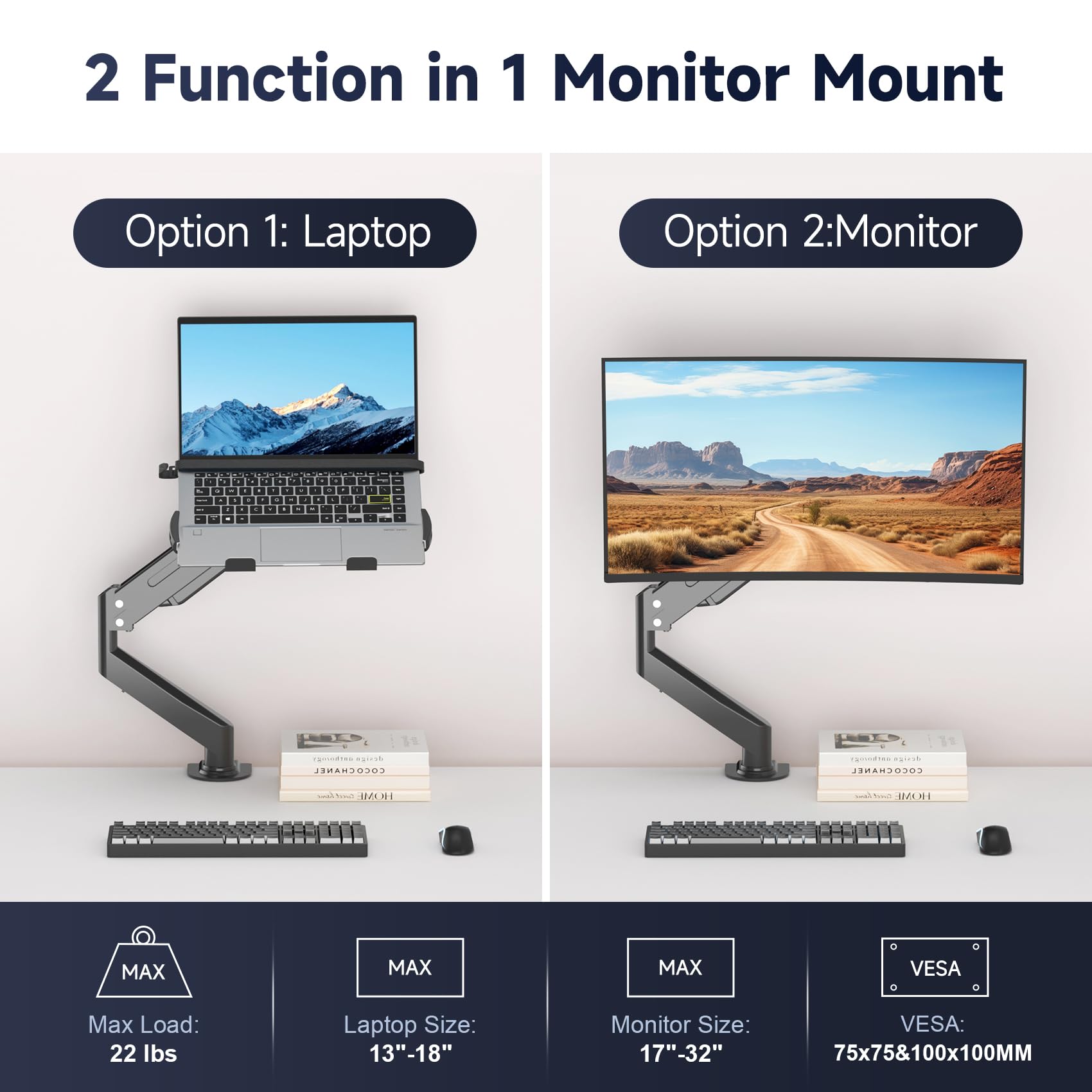 Laptop Desk Mount, Fully Adjustable Monitor and Laptop Mount Stand for 11-17 Inch Notebook and 17-32 inch Monitor Screen,Holds 22lbs with Vented Tray