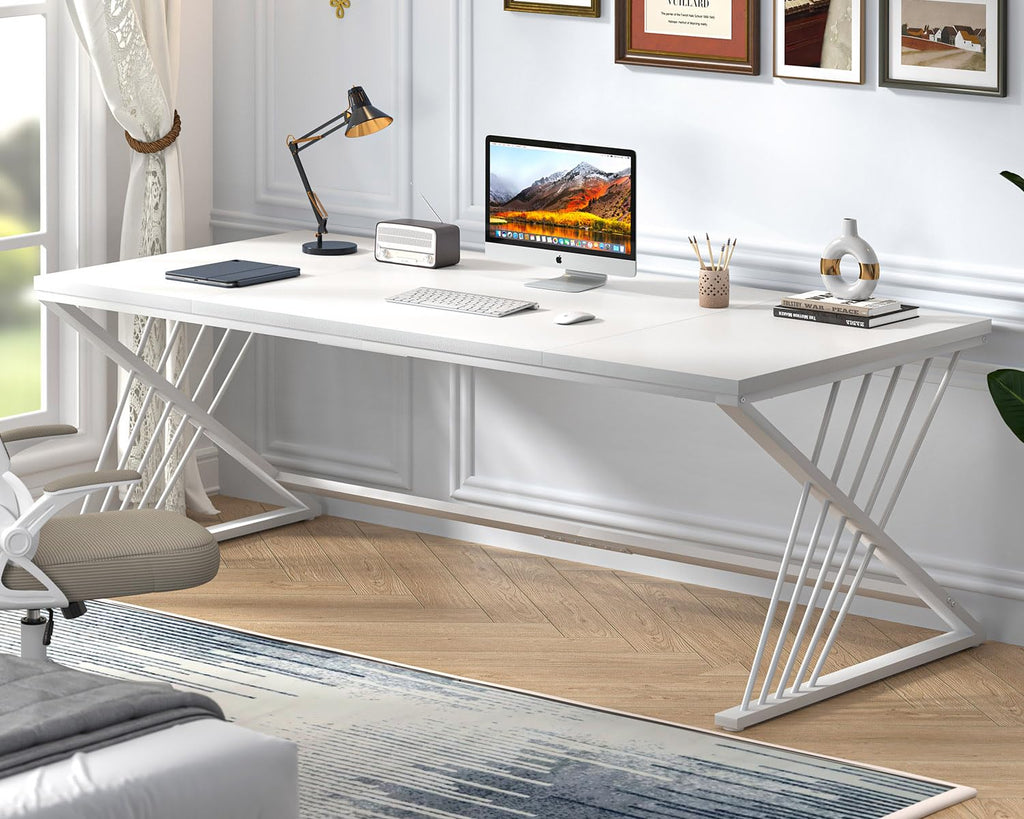 70.9" Modern Computer Desk with Z-Shaped Legs, Industrial Executive Home Office Desk for 2 Person, Large Writing Study Table for Bedroom, Gaming Workstation, White