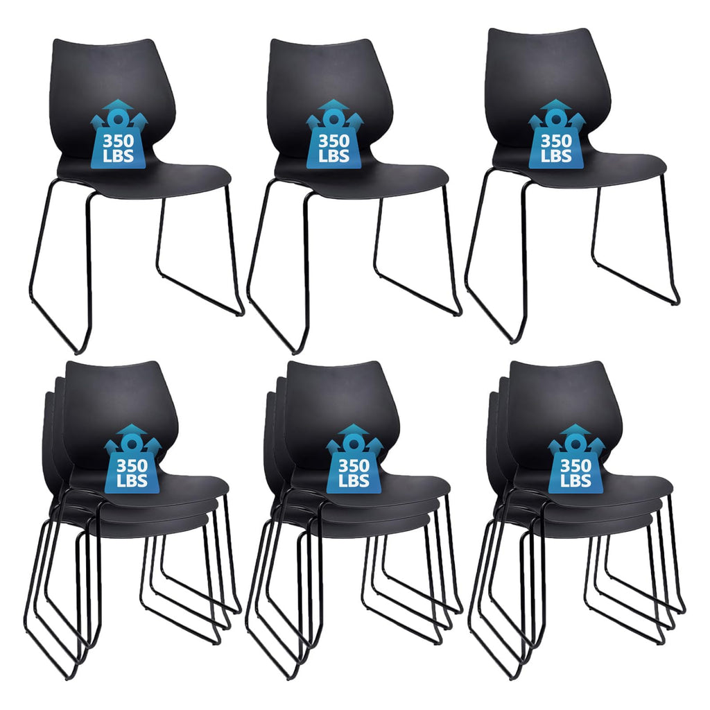 Set of 12, Black, Stackable Waiting Room Chair, Stacking Office Chair with Ergonomic Lumbar Support and Metal Legs, Plastic Desk Chairs for Conference School Church Guest Reception