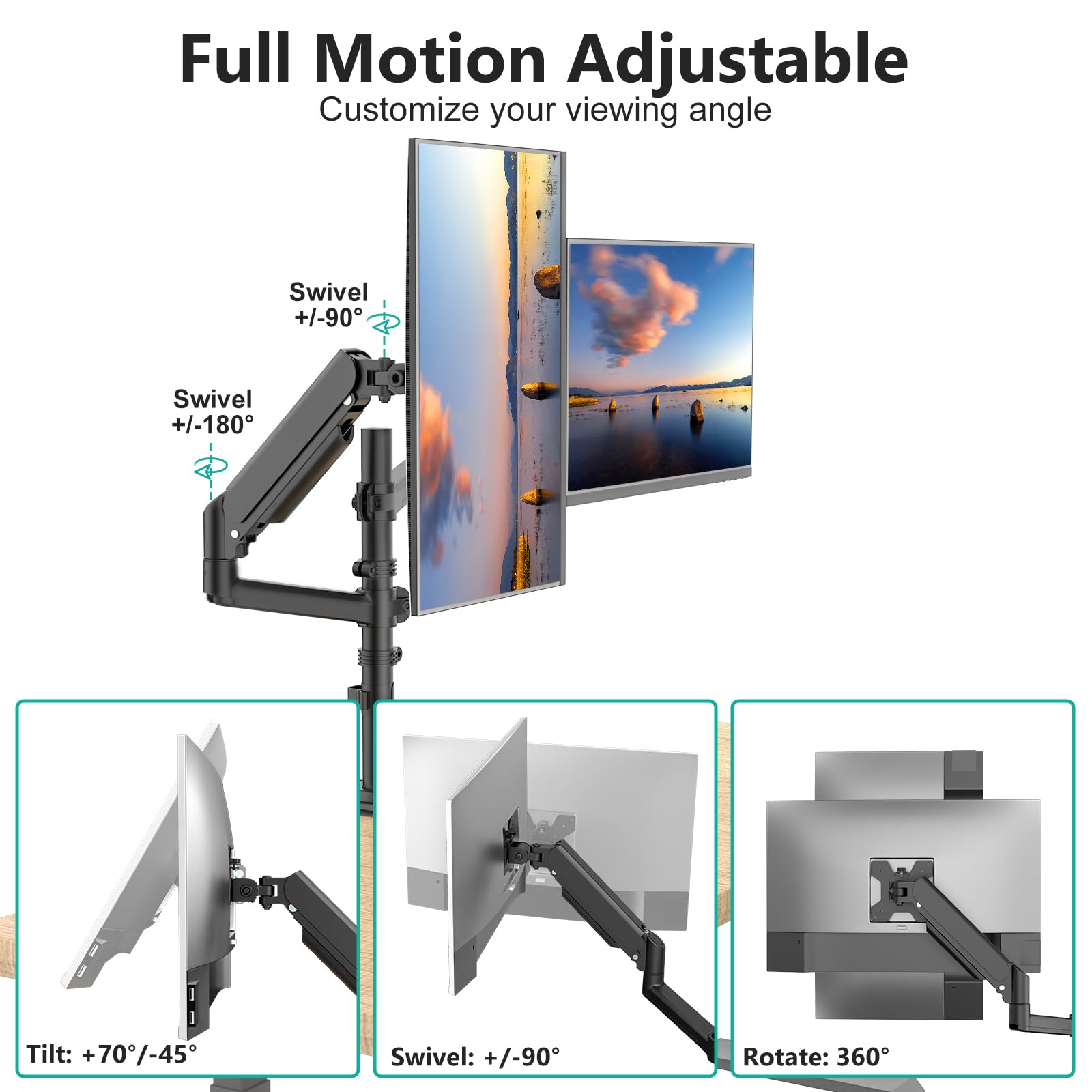 Dual Monitor Mount, 13-33 Inch Adjustable Dual Monitor Arm for Desk Holds Max 19.8 lbs Screens, Swivel Vesa Bracket with C Clamp, Grommet Mounting, Monitor Arms for 2 Monitors (GSDM002)